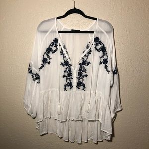 AE White Top with Blue Embroidery